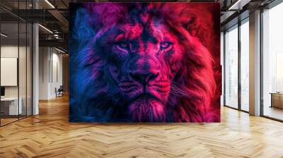 Strong and confident lion on a hill. Lion king isolated on black, Big lion lying on savannah grass. Kenya, Africa, Lion, powerful, muscular, golden brown fur, sharp claws, fierce eyes, majestic mane. Wall mural