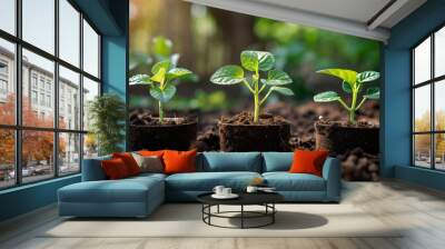 The seedling are growing from the rich soil to the morning sunlight that is shining, ecology concept. Young plant springing up out of the soil. smart farm grain field. Agriculture production concept.  Wall mural