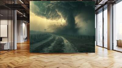 Tornado, storm silhouette heap cloud sun ray in gray sky scape dark cloud, Challenges on the way forward, storm silhouette heap cloud sun ray in gray sky dark cloud, Tornado and Lightning, storm. Wall mural