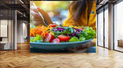 Wellbeing of health with good food control concept. Woman writing the meal note and plan to eat during diet program to loss weight goal for balance nutrition and calories. healthy eating concept.  Wall mural