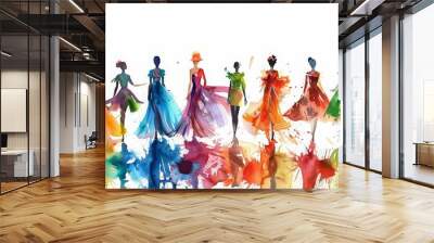 A beautiful watercolor of a fashion show with models in avantgarde outfits, crafted as a retro styles detail clipart isolated white background Wall mural