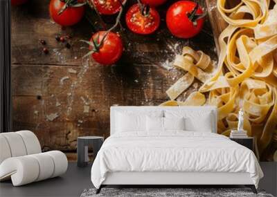 A closeup stock photo of fresh pasta and ripe tomatoes on a rustic wooden table, ideal for Italian cuisine advertisements, with ample copy space Wall mural