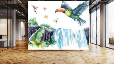 A cute watercolor of a tropical bird flying over a waterfall, illustrated as a simple clipart isolated with a white background Wall mural