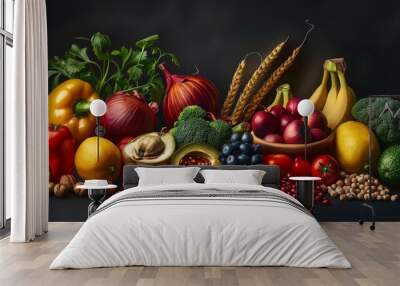 A detailed, realistic image of a variety of fresh fruits, vegetables, nuts, and grains arranged neatly on a dark background, showcasing vibrant colors and textures Wall mural