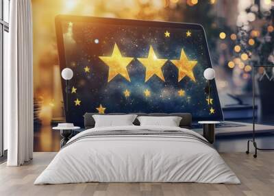 A laptop displaying three glowing stars, symbolizing excellence and positive reviews, set against a dreamy bokeh background. Wall mural