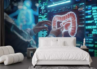 A medical professional analyzes a digital display of human intestines, highlighting advancements in healthcare technology and innovation. Wall mural