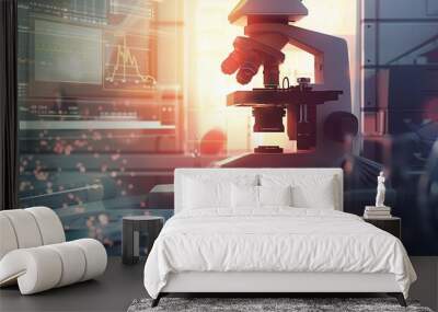 A modern laboratory showcasing a microscope with vibrant light effects and scientific data displayed on screens. Wall mural