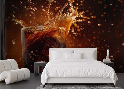 A refreshing splash of cola in a glass, capturing the dynamic movement and vibrant colors of a favorite beverage. Wall mural