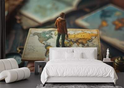 A traveler stands on a vintage map, symbolizing adventure and exploration in a world full of beautiful destinations. Wall mural