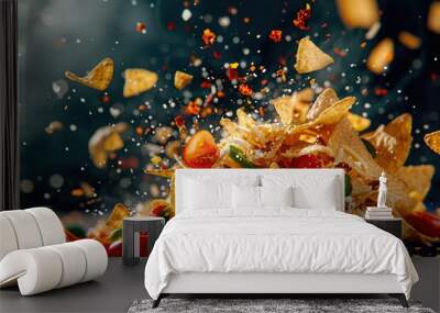 A vibrant explosion of nacho chips with toppings, showcasing delicious ingredients in a dynamic and appealing way. Wall mural