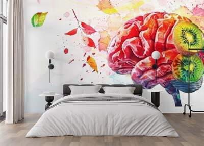 A vibrant illustration combining a brain and fruit, symbolizing creativity, health, and the fusion of knowledge and nature. Wall mural