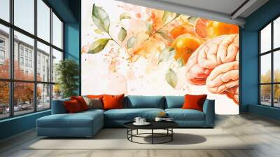 A vibrant illustration featuring a brain surrounded by colorful fruits and floral elements, symbolizing creativity and knowledge. Wall mural