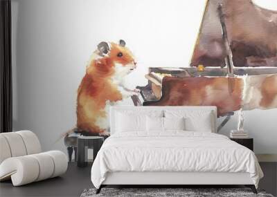 A water color of a hamster, playing a tiny piano, in a miniature concert hall, Clipart isolated on white Wall mural