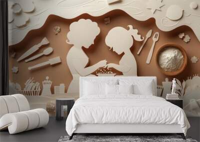 A whimsical paper art scene of two figures cooking together, highlighting creativity and bonding in the kitchen. Wall mural