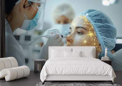 Amazing of dermatology with Glow HUD big Icon of skin layers, a dermatologist examining skin with a digital scanner, in a luxury styled clinic with gold color accents Wall mural