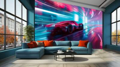 Creative futuristic design pop art color of a sports car zooming through a cyberpunk 80s color city Wall mural