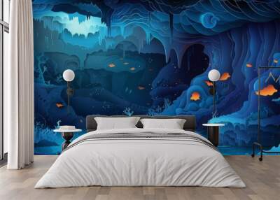 Creative paper art of a mysterious deepsea scene with glowing creatures and underwater caverns, illustrated in cyber color and crafted as an illustration template Wall mural