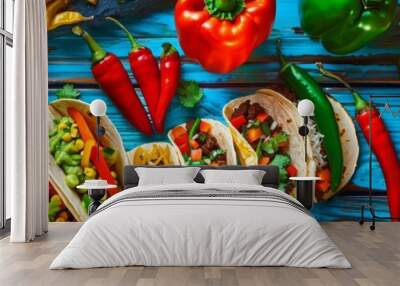 Food and vegetable on the table showcasing a traditional Mexican feast with tacos, rice, beans, and a variety of salsas, emphasizing the richness and diversity of Mexican cuisine Wall mural