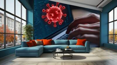 Hands typing on a laptop with an overlay of a red virus illustration, symbolizing technology and health. Wall mural