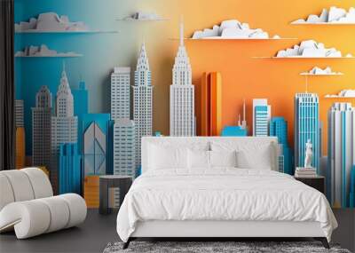 Paper art style of a vibrant urban skyline featuring towering skyscrapers and bustling city streets, enhanced with paper cut styles, and presented as an illustration template Wall mural