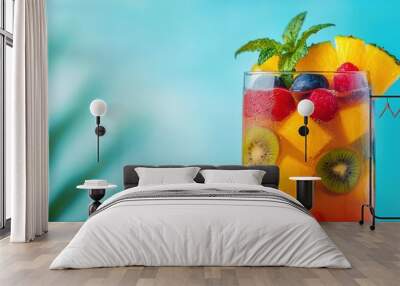 Refreshing tropical fruit cocktail in a glass with mint garnish, vibrant background. Wall mural