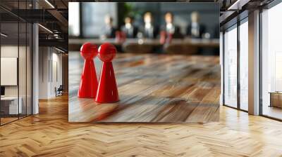 Two red game pieces stand in focus on a wooden table, with blurred business figures in the background, symbolizing teamwork. Wall mural