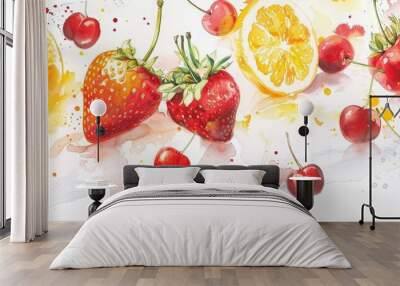 Watercolor clipart captures a whimsical scene where strawberries and peaches bask under a summer sun, framed by cherry and orange slices Wall mural