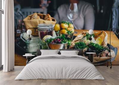 Rustic lunch served on a silver tray Wall mural