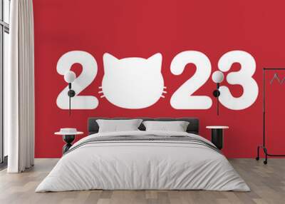 Vector flat 2023 lettering with cat face silhouette isolated on red background Wall mural