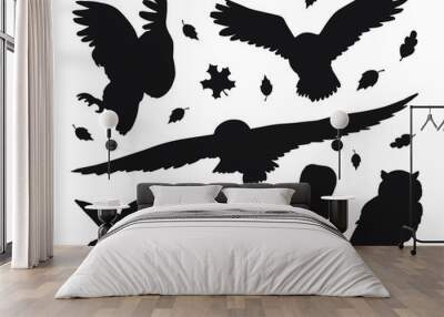 Vector flat black set bundle of owls silhouette isolated on white background Wall mural