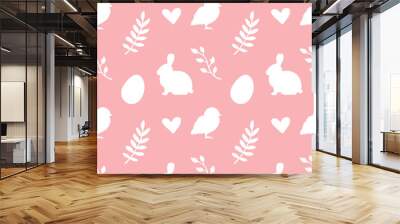 Vector seamless pattern of Easter rabbit and chick silhouette isolated on pink background Wall mural