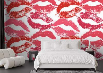 Vector seamless pattern of red lip kiss isolated on white background Wall mural