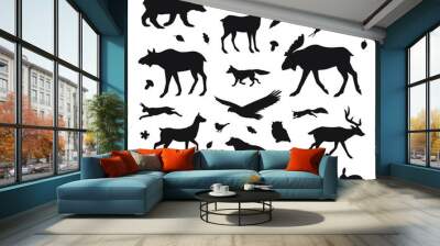 Vector set bundle of hand drawn wild forest animals silhouette isolated on white background Wall mural