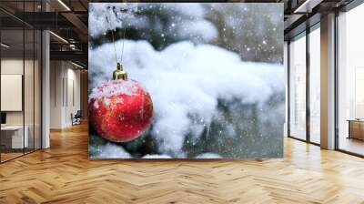 Christmas Ball hanging on a Fir Tree Branch. Christmas Background. Wall mural