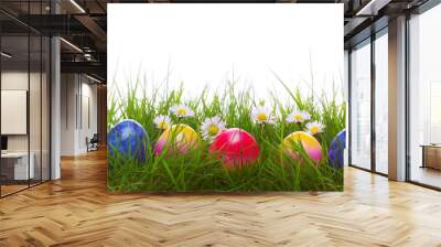 Green grass and colorful easter eggs. Wall mural