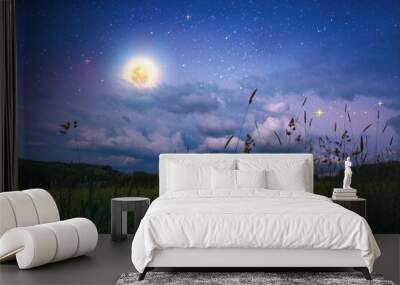 Silhouette of trees and full moon on colorful star sky. Wall mural