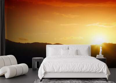 Sunrise over black forest mist. Wall mural