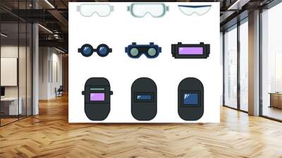 set of vector illustration safety goggles and welding helmet for eye protection in industrial construction and metal working flat design style Wall mural