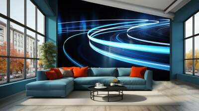 Abstract blue neon light trails and digital waves on dark background for tech and business design themes Wall mural