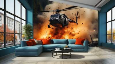 Action shot with helicopter hovering in the air over flame and explosions. Dynamic scene in action movie blockbuster style. Wall mural