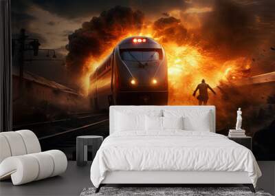 Action shot with man jumping off the train. Dynamic scene with railway carriage explosion in action movie blockbuster style. Wall mural