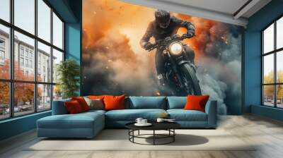 Action shot with man riding away from explosion on bike. Dynamic scene with fire in action movie blockbuster style. Wall mural