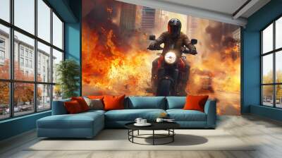 Action shot with man riding away from explosion on bike. Dynamic scene with fire in action movie blockbuster style. Wall mural