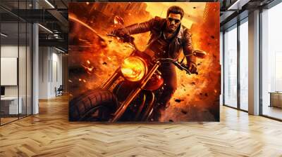 Action shot with man riding away from explosion on bike. Dynamic scene with fire in action movie blockbuster style Wall mural