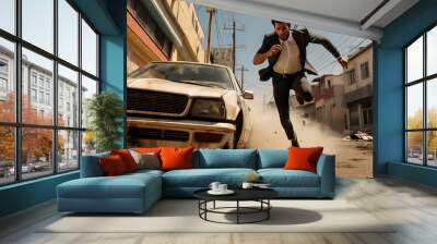 Action shot with man running away. Dynamic scene with car in action movie blockbuster style. Wall mural