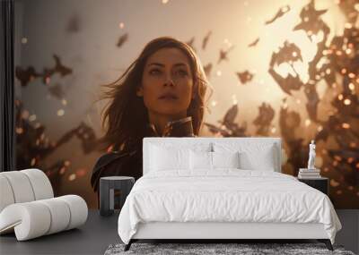 Action shot with woman in the sci-fi battle scene, superhero surrounded by sparkles. Dynamic scene in action movie blockbuster style. Wall mural