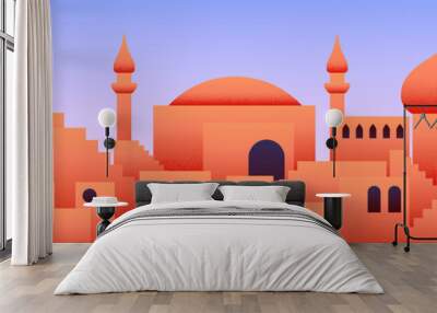 Arabic city panorama in orange desert color with mosque silhouettes Wall mural