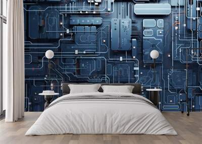 Background with metallic panels texture, wires and circuit. Spaceship hull wall technology background. Wall mural