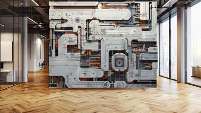 Background with metallic panels texture, wires and circuit. Spaceship hull wall technology background. Wall mural