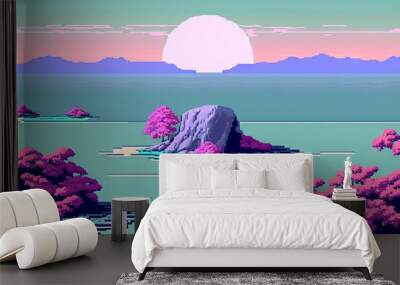 Calm and relaxing landscape with mountains in vaporwave style. Pink and blue view in 90s style. Generated AI. Wall mural